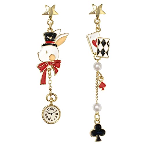 Asymmetric Poker Card Clock Poker Dangle Earrings Chic Red Heart Ace Enamel Gold Plated Playing Cards Rabbit Alarm Clock Drop Earrings