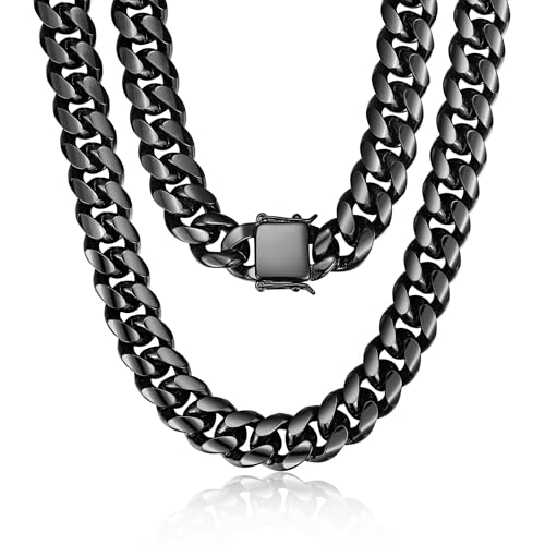 ROWIN&CO Miami Cuban Link Chain for Men 15mm Black Stainless Steel Curb Necklace, Hip Hop Jewelry, Durable & Anti-Tarnish Mens Chain 18