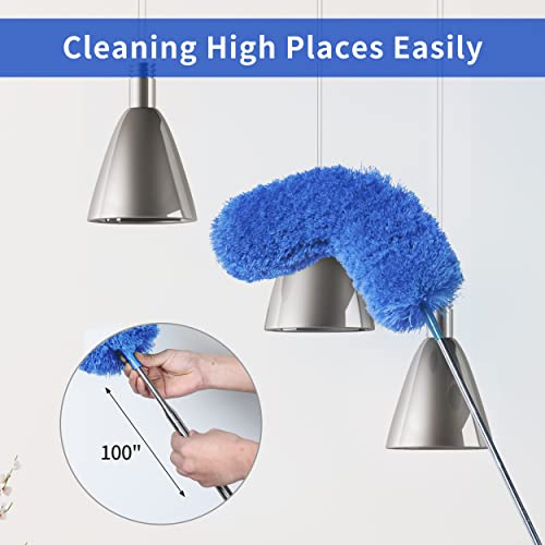 Image of Barebeauty Microfiber Duster with Extension Pole, 100 inch Long Handle, Bendable Head, Duster for Cleaning Ceiling Fan, High Ceiling (Blue)