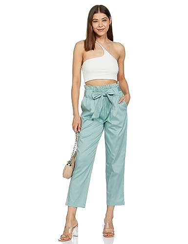Image of Amazon Brand - Symbol Women's Slim High Rise Ankle Length Tapered Paper Bag Formal Trousers (with Self Fabric Belt) (Available in Plus Sizes)