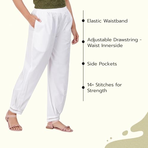 Image of Happy Bunny Women's Cotton Afghani Salwar with Lace Embroidery Detailing - Elastic Waist, Comfortable Loose Fit Bottoms for Casual, Ethnic