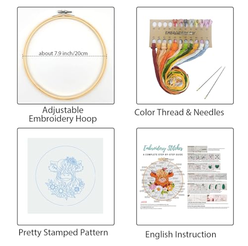 Image of Louise Maelys Highland Cow Embroidery Kit for Beginners Floral DIY | Cross Stitch Kits Offer a Complete Set for DIY Lovers. Needlepoint Kit for Beginners and Adults to Explore Creative Hobbies