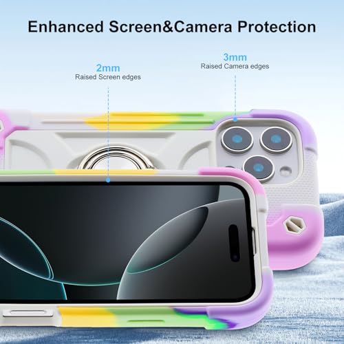 Image of MARKILL Compatible with iPhone with Built-in 360Rotating Ring Stand, Military Grade Drop Protection Full Body Rugged Heavy Duty Case Durable Cover (Rainbow White, iPhone 16 Pro Max 6.9 inch)