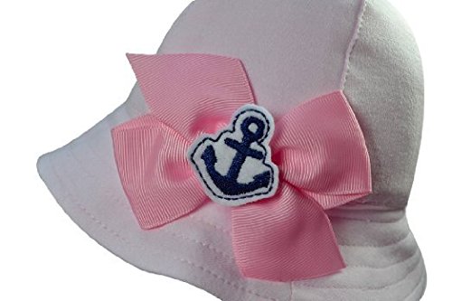 Baby Girl Anchor Bucket Sun Hat with Chinstrap with Removable Hair Bow by Funny Girl Designs (Light Pink Hat with Light Pink Bow and Anchor)2