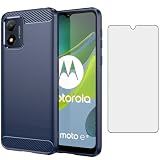 Asuwish Phone Case for Motorola Moto E13 4G with Tempered Glass Screen Protector Cover and Cell Accessories Slim Thin TPU Soft Hybrid Silicone Rubber E 13 13E G4 2023 Carbon Fiber Women Men Blue