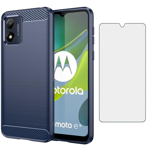 Asuwish Phone Case for Motorola Moto E13 4G with Tempered Glass Screen Protector Cover and Cell Accessories Slim Thin TPU Soft Hybrid Silicone Rubber E 13 13E G4 2023 Carbon Fiber Women Men Blue