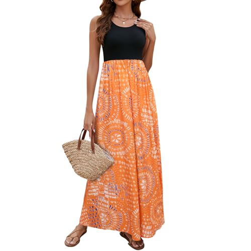 Image of Sherosa Women Boho Chevron Striped Floral Printed Summer Sleeveless Tank Long Maxi Party Dress