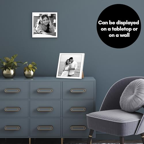 Americanflat 8x8 Picture Frame with Shatter-Resistant Glass - Streamline Collection - Thin Border Square Frame for Tabletop and Wall Display - Hanging Hardware and Easel Stand Included - White