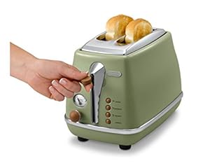 De'Longhi Icona Vintage CTOV 2103.GR – 2-Schlitz-Toaster mit Brötchenaufsatz, Toaster mit 6 Bräunungsstufen, Auftau- & Aufwärmfunktion, aus Edelstahl in elegantem Retro Look, grün