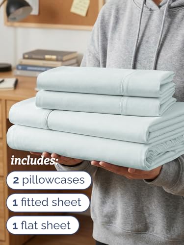 Image of Twin XL 4 Piece Sheet Set - College Dorm Room Essentials - Ice Blue | Ultra Soft Dorm Bedding Set, 8 inch to 16 inch Inch Deep Pockets, 1 Flat & 1 Fitted Sheet & 2 Pillowcases, Wrinkle & Fade Free