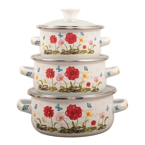 Juego de utensilios de cocina esmaltados de 3 piezas con tapas para sopa, guiso, frijoles, inducción, cocina, restaurante, hogar, ollas, flor roja