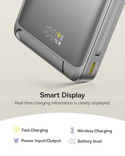Image of Baseus Nomos Qi2 10000mAh 45W Magnetic Wireless Power Bank - Built-in USB-C Cable, PD Fast Charging, Kickstand Design - Lunar Gray