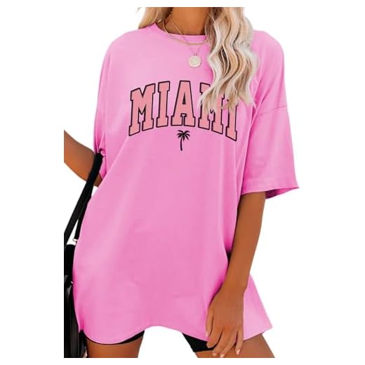 Teen Girls Oversize Miami Florida Y2K Graphic Print Tee Shirt Top Street Style Short Sleeve Preppy Tshirt Casual Girls Rose l