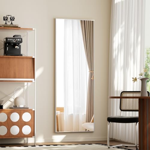 Image of BEAUTYPEAK Full Length Mirror with Stand, 56 inchx21 inch Floor Mirror with Aluminum Alloy Thin Frame, ShatterVue Tempered Full Body Mirrors, Free Standing or Wall-Mounted Mirrors for Living Room, Silver