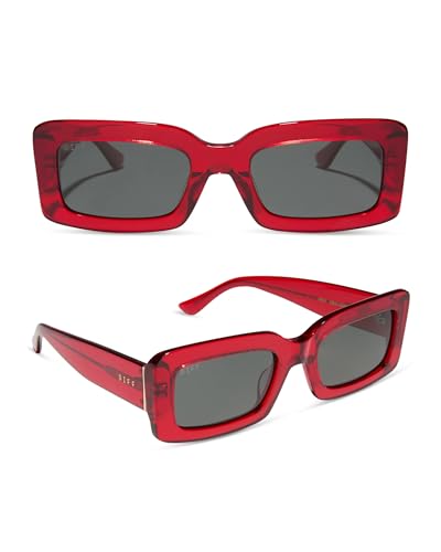 DIFF Indy Designer Rectangular Sunglasses for Women UV400 Polarized, Red Hot Summer + Grey