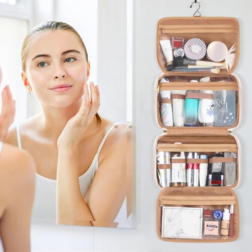 Travel Toiletry Bag for Women Hanging Travel Toiletry Organizer for Full-sized Toiletries Portable Water-resistant Travel Bag with Hanging Hook and 4 Compartments for Travel Essentials and Cosmetics2