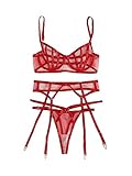 Lilosy Women Sexy Strappy Underwire Push Up Mesh Sheer Garter Belt Lingerie Set See Through Bra and Panty 3 Piece Red Small