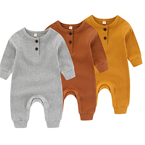 Image of IADOER Newborn Baby Boys Girls One Piece Romper With Mitten Cuffs 3 Pack Long Sleeve Ribbed Button Jumpsuit Outfit Clothes