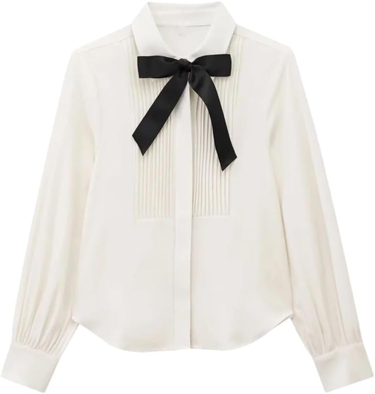Women's Collar Long Sleeved Bow Decoration Solid Color Shirt