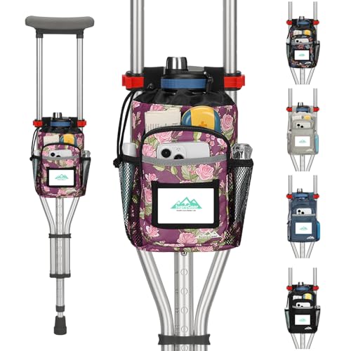 supregear Crutch Accessories Bag Water-Resistant Premium Storage Pouch with Cup Holder and Multiple Pockets - Large Capacity Organizer Tote Bag Attachment for Underarm Crutches - Men Women