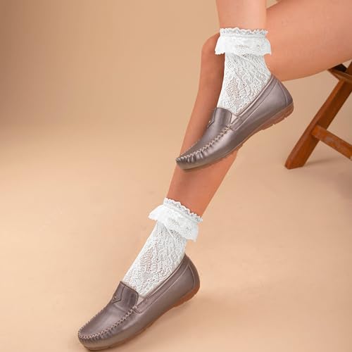 5 Pairs Lace Socks for Women, Ruffle Ankle Anklet Frilled Cute Trim Frilly Girly Lacy Hose Stockings Set Accessories for Adult Dress Princess Fashion Style (Rose Pink, Light Yellow, White, Black,Grey)4