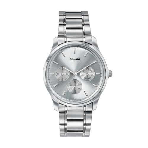Image of Sonata Axis with Quartz Analog Silver Premium Multifunction Design Dial IPS Strap Watch for Men - 77163SM03