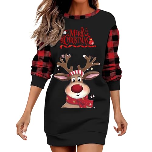 Weihnachtskleid Damen Lustig, Weihnachtspullover Damen Lang, Sweatkleid Mit Rentier Druck Pulloverkleid Rundhals Langarmshirt Weihnachtskleidung...