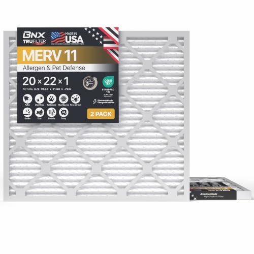 Image of BNX TruFilter 20x22x1 Air Filter MERV 11 (2-Pack) - MADE IN USA - Allergen Defense Electrostatic Pleated Air Conditioner HVAC AC Furnace Filters for Allergies, Dust, Pet, Smoke, Allergy MPR 1200 FPR 7