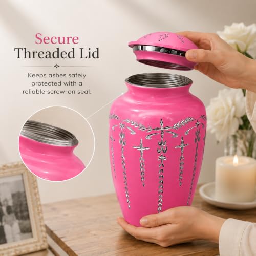 Image of ALPHA Living HOME Adult Cremation Urn for Human Ashes, Durable Aluminum Memorial Funeral Urn with Secure Screw-Top Lid, Dignified Decorative Urn for Loved Ones, Pink