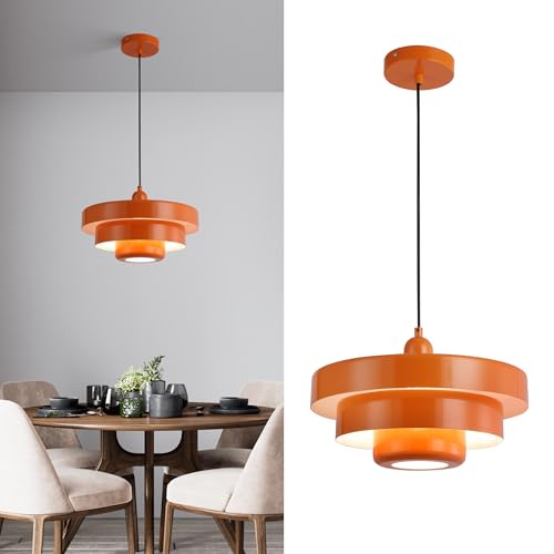 SUNLLOK Mid Century 13,8 Zoll Orange Pendelleuchte Kronleuchter, 1-Licht Deckenleuchte mit 3-Schicht-Metall-Schirm, Vintage Hängelampe für Kücheninsel, Restaurant, Esszimmer, höhenverstellbar