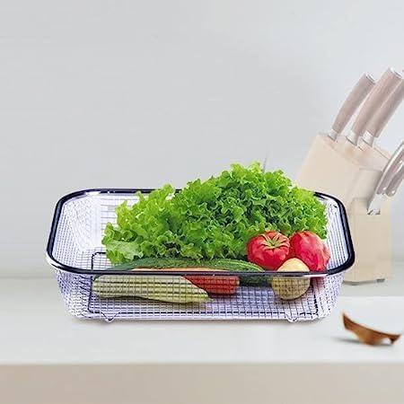 Image of SPIREX Stainless Steel Drain Basket Steel Big Drip Tray Kitchen Drying Stand Mesh Sink Rectangle Basket Mesh Fruits, Vegetable, Drainer Washer (Pack of 1, 30 X 20 X 6 Centimeters, Silver)