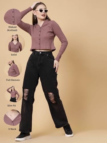 Image of Rigo Casual Wear V Neck Rib Knit Top for Women | Slim Fit Long Sleeves Western Tops for Women