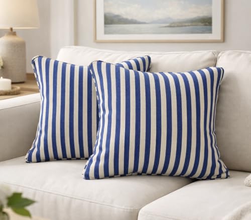 Image of 100% Cotton - Royal Blue Stripes Cushion Covers Set of 1 (16 x 16 inches) - Cushion Covers for Sofa & Living Room Decor