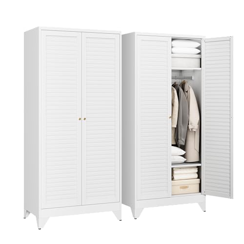 Image of Letaya Armoire Wardrobe Closet,20 inch Deep Metal Wardrobe Cabinet with Doors and Shelves,Hanging Rod Clothing Storage Cabinets for Home Room (White)