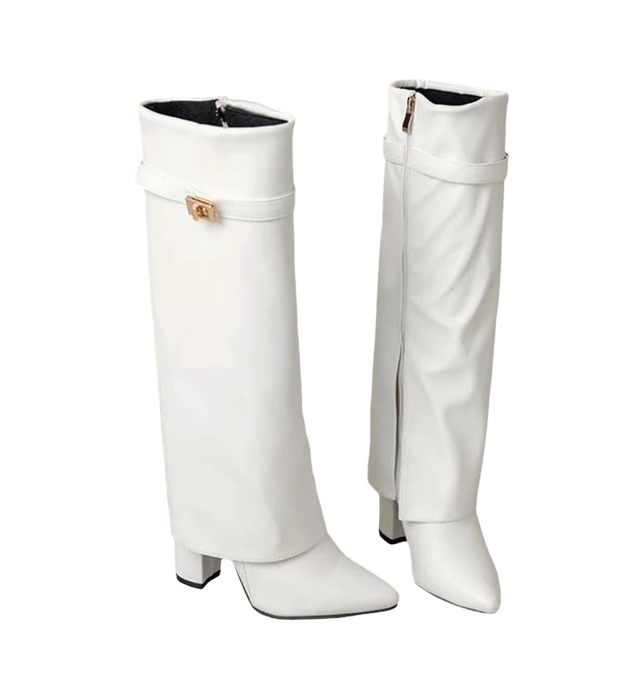 Womens Designer Pointed Toe Knee High Boots Elegant Dress Long Shoes White