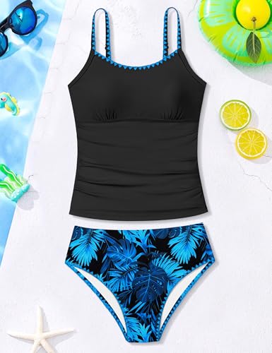 Image of Girls Swimsuit Solid Color Tankini Contrast Trim Swimwear 2 Piece Bathing Suit Padded Swimsuits for Teens 9-16Y