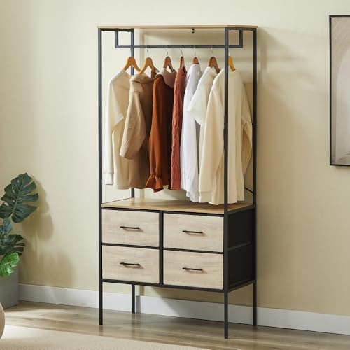 CASABEL Penderie vêtements 80x40x167 cm avec 4 tiroirs de Rangement en Tissu Rigide, Porte Manteau, Dressing, Penderie, pour Chambre, Salon ou entrée,...