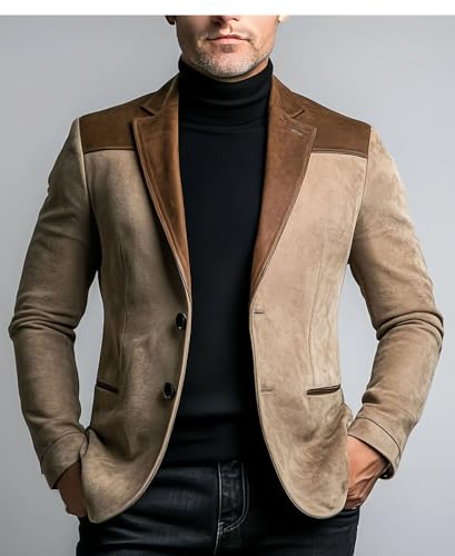 VENNYNG Men's Faux Suede Suit Jacket with PU Leather Shoulder Patchwork Motorcycle Coat3