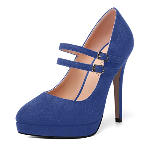 AMBELIGHT Womens Suede Evening Buckle Round Toe Platform Dress Ankle Strap Solid Stiletto High Heel Pumps Shoes 4.7 Inch - Main Image