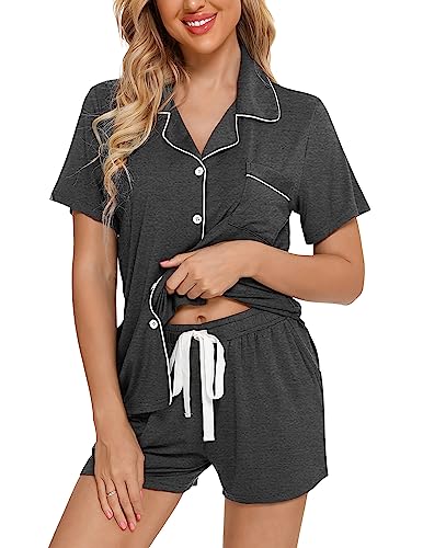 Image of Pjmlifecoco Women's Modal Pajama Set Short Sleeve Button Down Two Piece Soft Sleepwear with Shorts Loungewear S-XXL