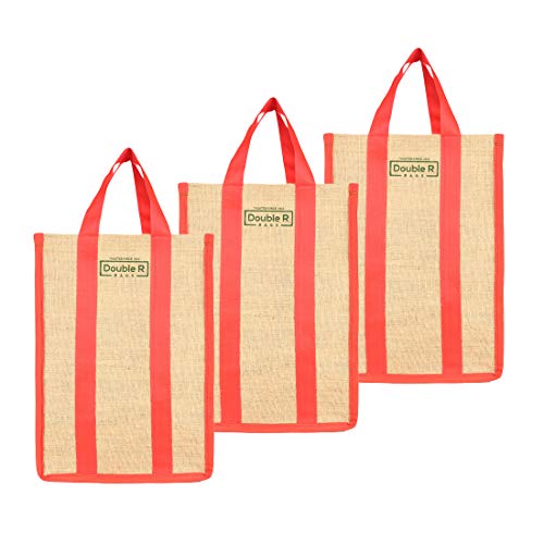 Image of Double R Bags Laminated Jute Reusable Shopping Bags Kitchen Essentials Grocery Vegetable Lunch Carry Bag With Full Handles Multi-purpose Bag Stylish Designs (Red) Pack of 3
