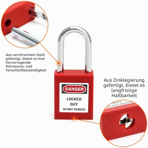 Lockout Vorhängeschloss, Vorhängeschlösser mit 4 Schlüssel, Rot, 38mm