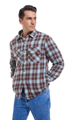 Image of Men's Sherpa Cotton Flannel Shirt Jacket Plaid Button Coat Pocket