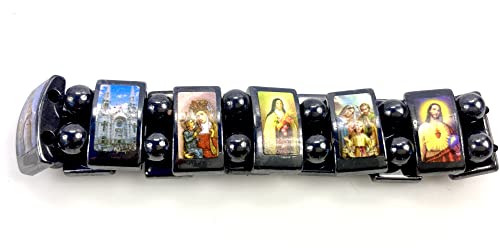 Purple Whale Unisex Created Hematite Beaded Bracelet with Assorted Images of Saints, Jesus, Guardian Angels | Religious Adjustable Bracelet | Ideal Catholic Jewelry Gift (Blue)3