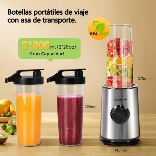 Aigostar Batidora de vaso con dos vasos portátiles de 800ml, 600W potencia. Batidora con vasos de Tritán, libres de BPA, con diseño de acero inoxidable. Perfecta para zumos, batidos y smoothies. - imagen 3