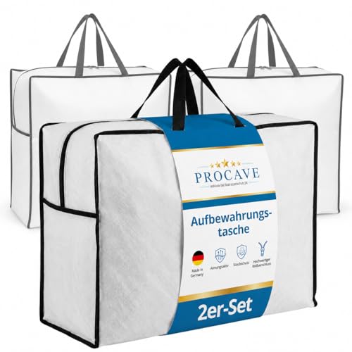 PROCAVE Aufbewahrungstasche für Bettdecken & Kissen 2er Set - Große Tasche für Bettwäsche mit Reißverschluss - Bettwarentasche atmungsaktiv - Made in Germany