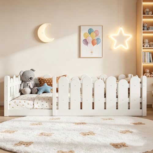 Image of Bellemave Twin Size Kids Montessori Floor Bed,Floor Bed Frame with Rounded Safety Guardrail,Solid Wood Montessori Bed for Girls Boys,White