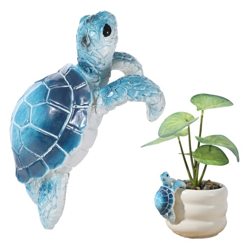 Yolev Turtle Plant Decorations for Pots Blue Climbing Tortoise Figure Plant Pot Hanger Resin Cute Hanging Sea Turtle Statue Planter Pots Decorations for Yard Garden Ornaments Pot Decoration