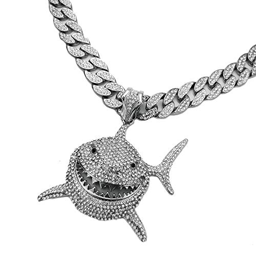 Hip Hop White Gold Plated Lab Diamond Iced Large Shark Pendant & 16  ~ 30  Iced Cuban Chain Bling Necklace (Pendant & 16  Chain)