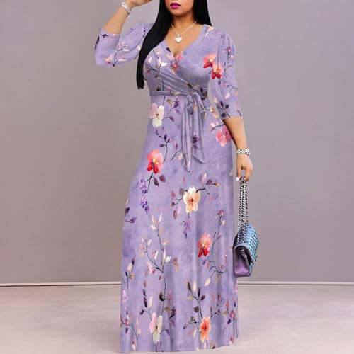 Image of Womens Floral Maxi Dress with Sleeves Elegant Evening Wear 3 /4 Sleeve Long Sundress with Belt